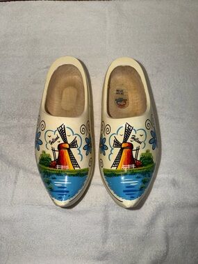 Hand-Painted Cream Wooden Clogs with Windmill Motif